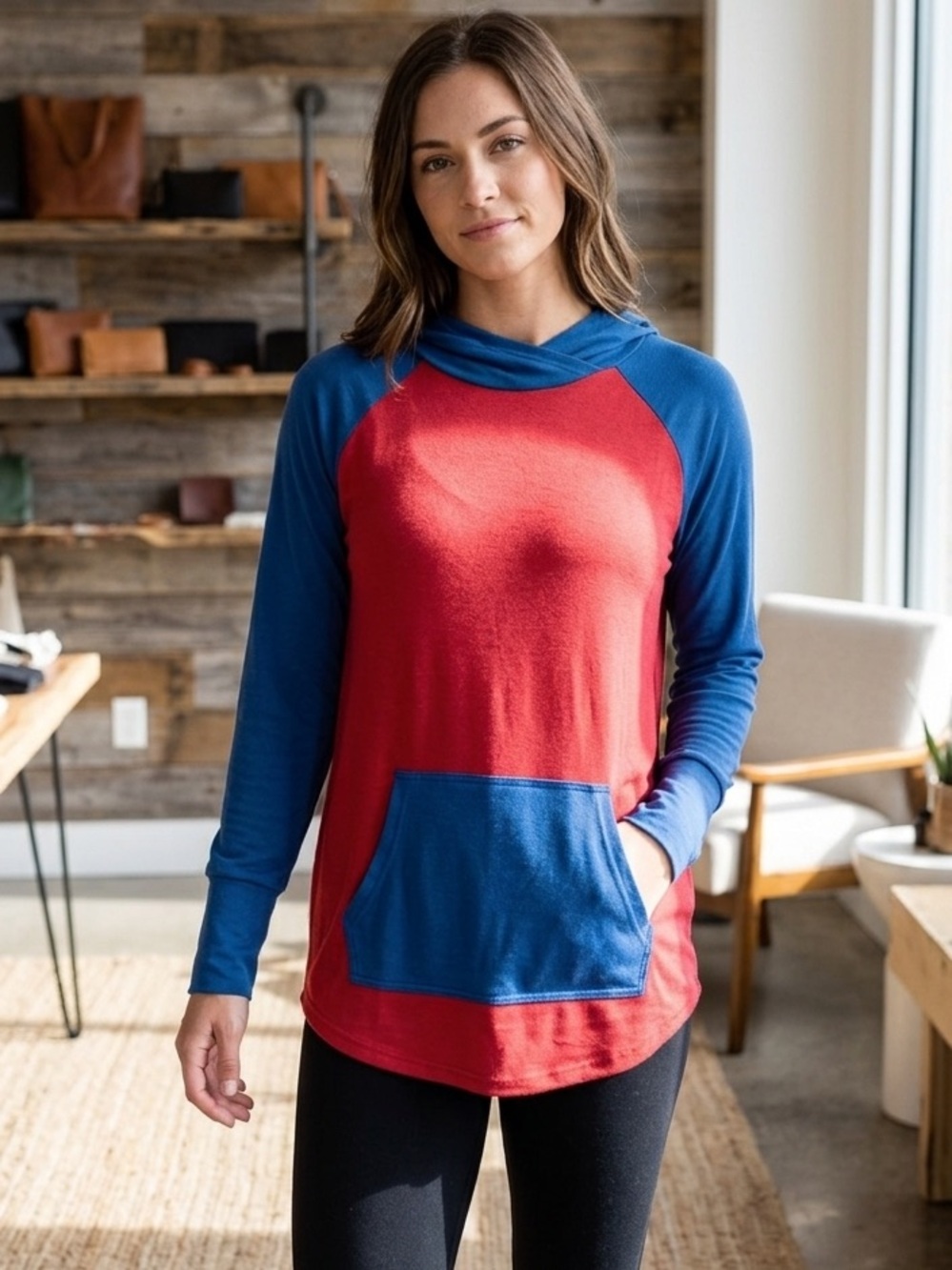 LuLaRoe Style Amber Red & Blue Hooded Long Sleeve Top New With Tags Size M